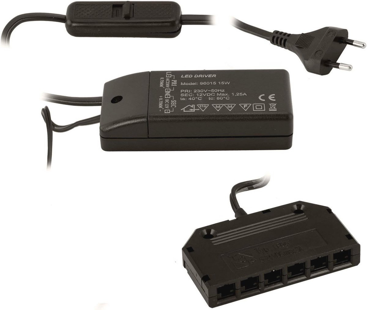 Transformator 12V/15W met Schuifschakelaar en 6-voudige Verdelerset