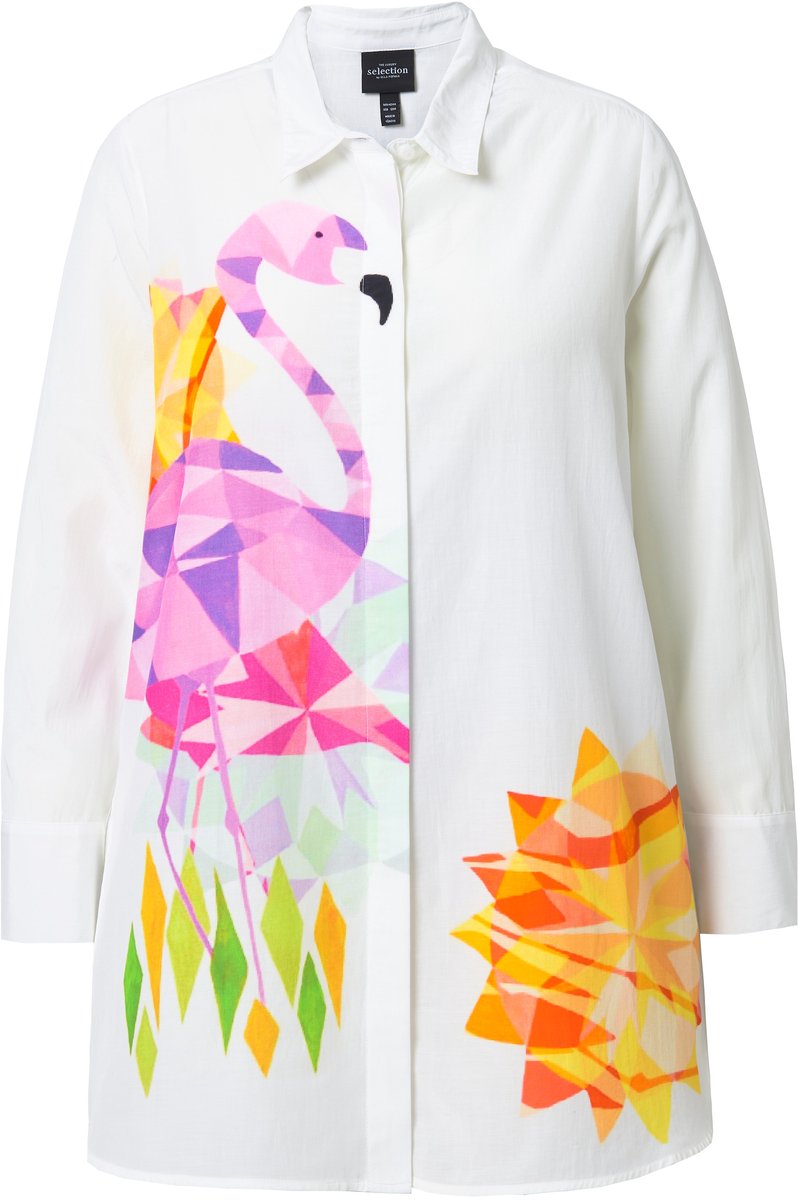 Ulla Popken - Dames - Blouse flamingo's A-lijn overhemdkraag lange mouw - Sneeuwwit - Maat 54+
