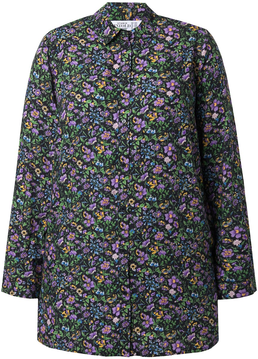 Studio Untold - Dames - Overhemdblouse wijd recht model flowers - Zwart - Maat 46+