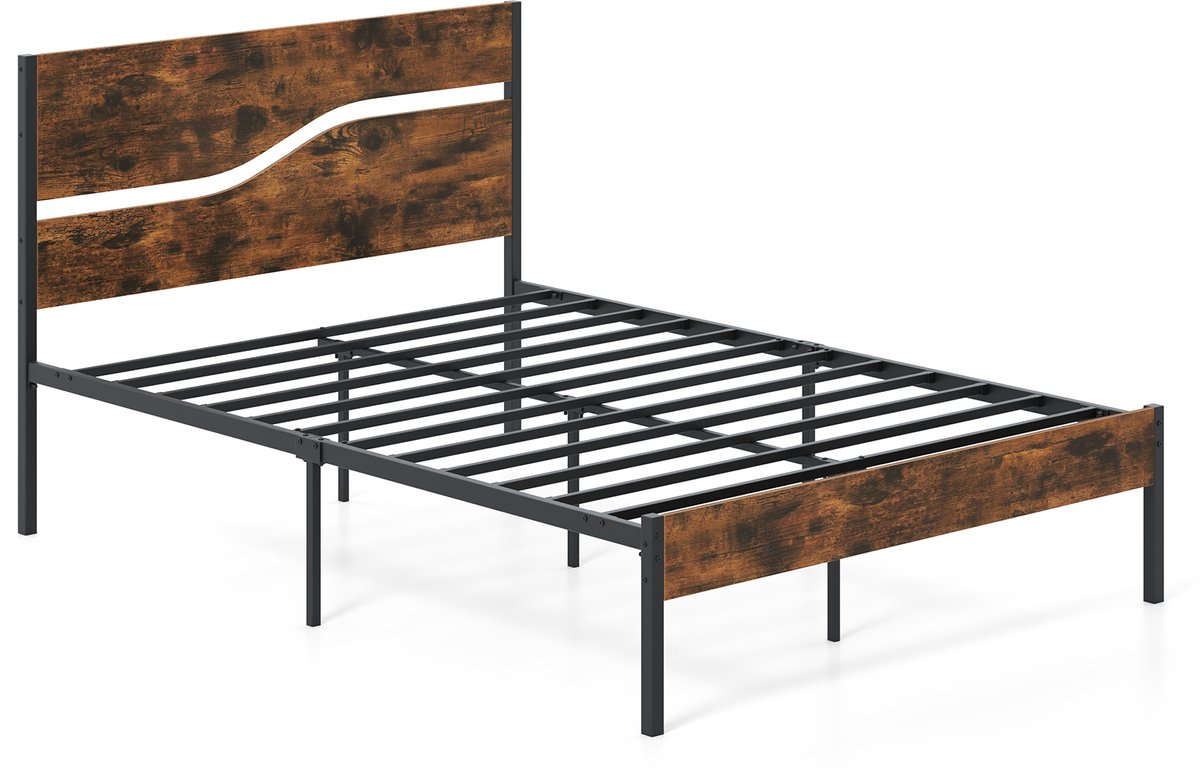 Costway Metalen bedframe voor matrassen van 200 x 140 cm, industrieel platformbed met houten hoofdeinde en voeteneinde, lattenbodem en opbergruimte onder het bed, dubbel bedframe, rustiek bruin