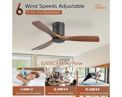 Plafondventilator met Afstandsbediening, 132cm Houten Plafondventilator, 6 Snelheden, Timer, DC Motor, Stil voor Slaapkamer