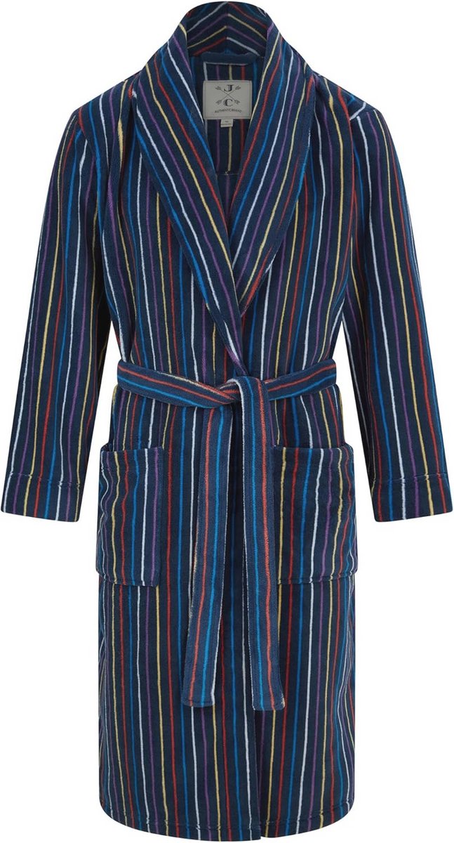 Warme fleece ochtendjas voor heren - marineblauw met veelkleurige strepen