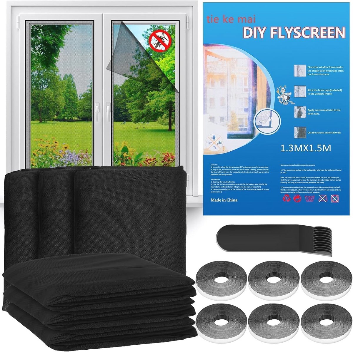 Vliegenhor voor Ramen 130x150cm - Set van 6 Stuks, Ademend Insectenhor met Klittenband, Effectief tegen Muggen en Insecten, Geschikt voor Diverse Ramen
