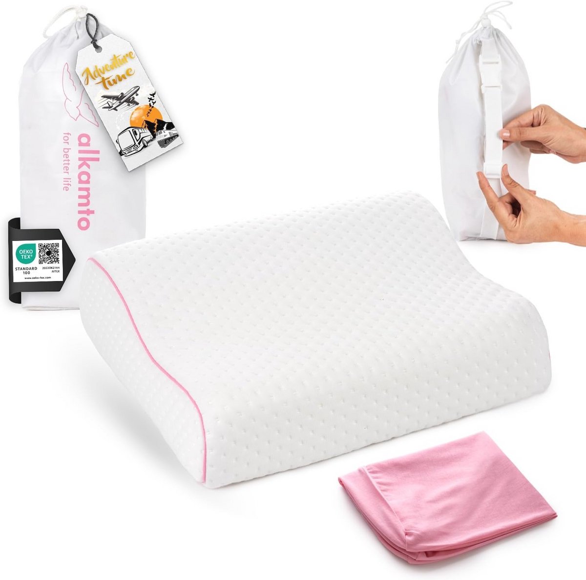Orthopedisch Reiskussen van Traagschuim met Katoenen Overtrek - Campingkussen Inclusief Tas - 35 x 30 x 10/8 cm - Roze - Extra Kussensloop