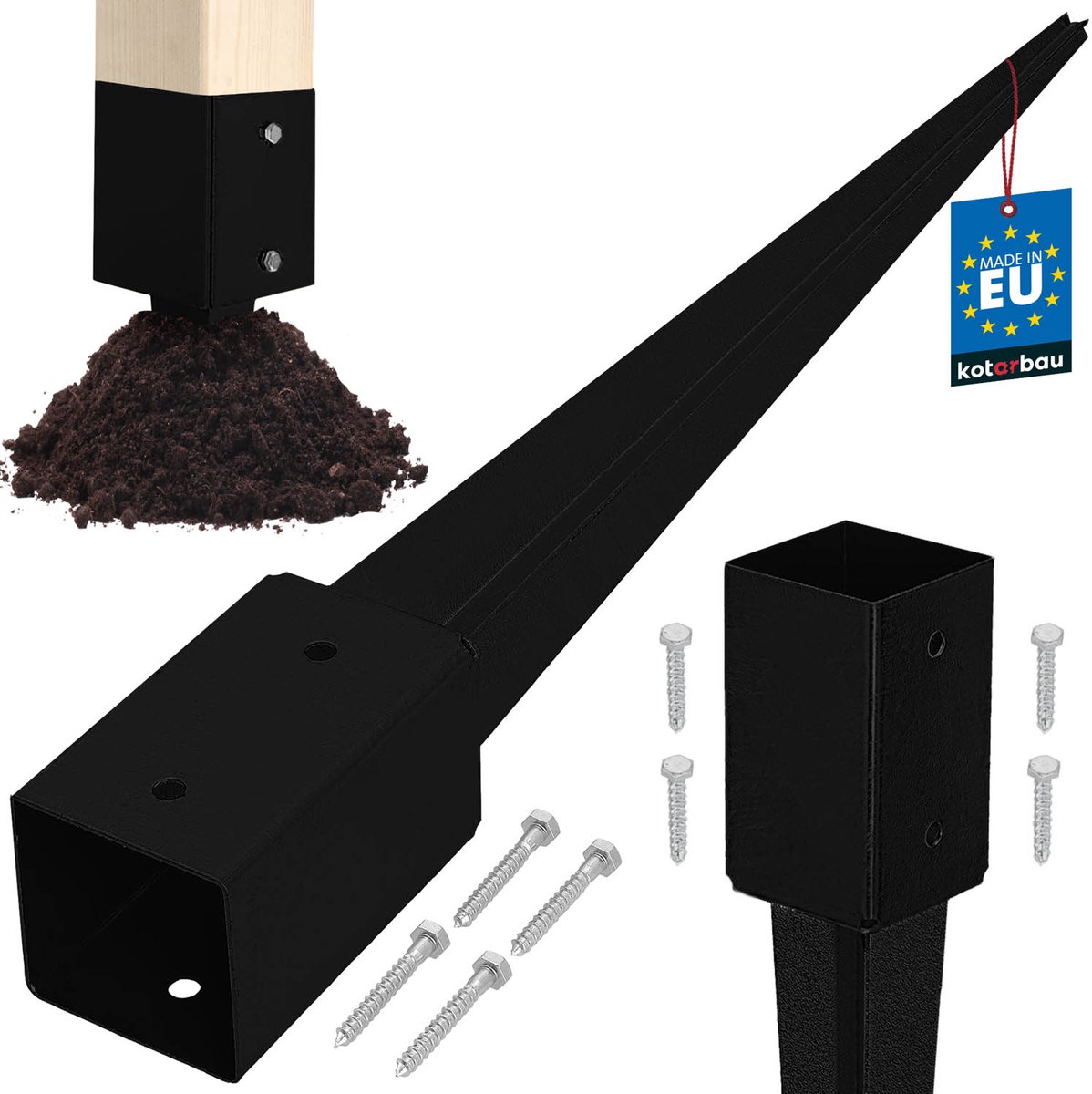 Kotarbau Serie - Stalen Paalbasis - Zwart - Voor Pergola en Prieel - 81 x 81 x 750 mm