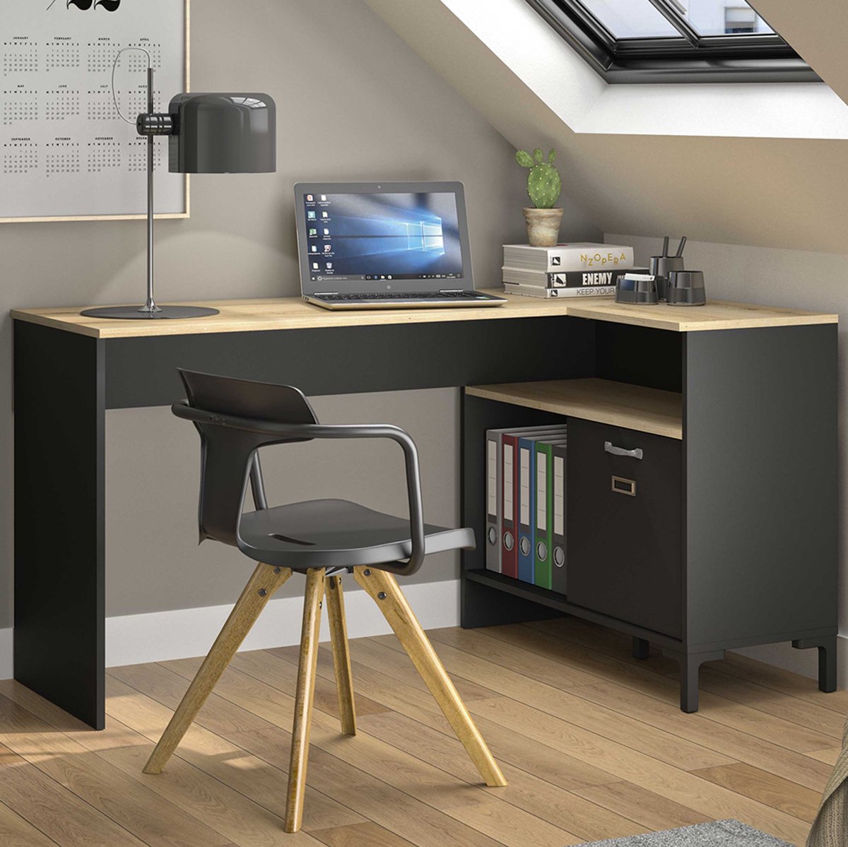 Hoekbureau Manchester | 136 X 88 X 73 Cm | Helvezia Oak-design - Gautier - Diagone - Hoekbureau - Antraciet - MDF