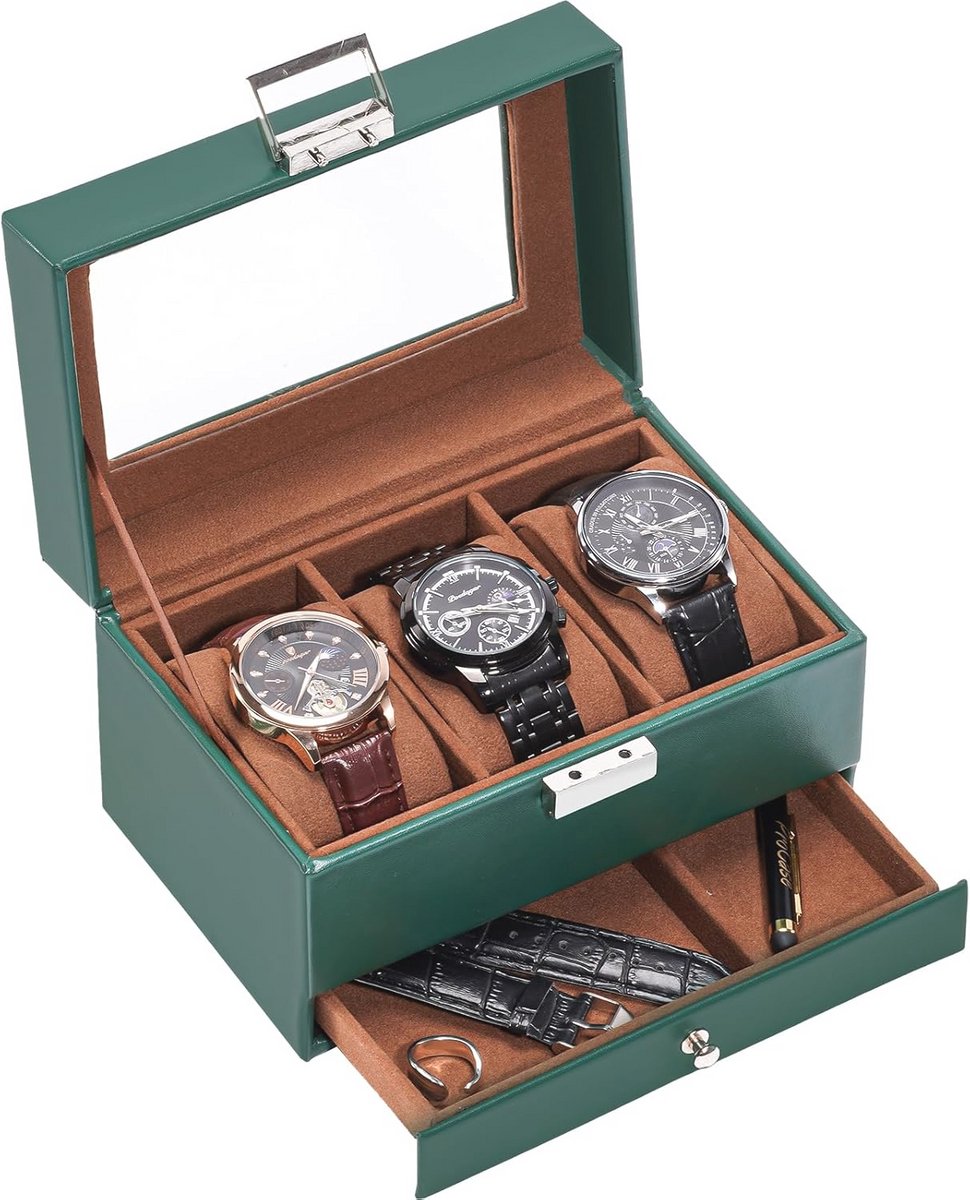 Horloge box met 3 compartimenten en glazen deksel, horloge opbergdoos met verwisselbare horloge pad - Perfect Vaderdag cadeau in groen