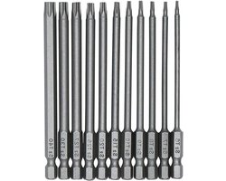 11-delige magnetische Torx-bitset - schroevendraaierbitset - extra lange zeskantige schacht - S2 stalen kop - 1/4 inch - T6-T40 - sterk - 100 mm - geschikt voor Torx-schroeven - grijs - handige opbergdoos