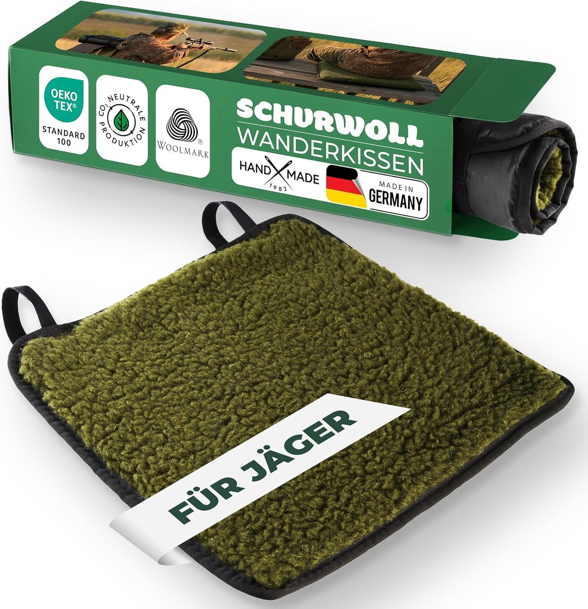 Novaliv jachtkussen, puur wol, 38 x 38 cm, mosgroen, jachtzitkussen met waterafstotende polyamide (PU) onderkant, warm en isolerend, ademend, stil, geschikt voor hoge zitplaatsen, schuilhutten en grondzitplaatsen, lichtgewicht en compact