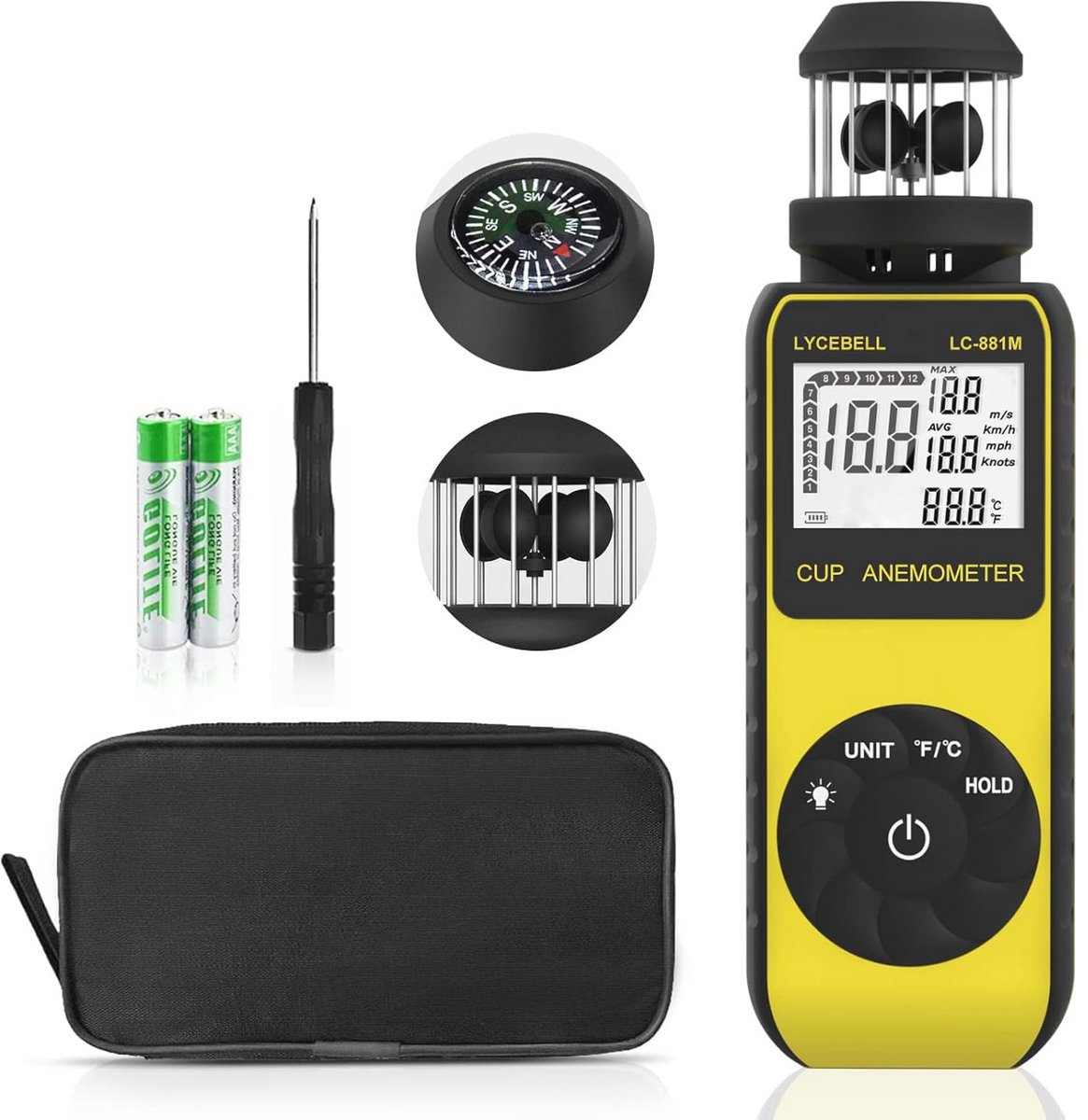 Draagbare Anemometer voor Windsnelheid en Temperatuur met Kompas