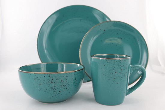 16-delige Aardewerk Servies Set Blauw voor 4 Personen, Inclusief Borden