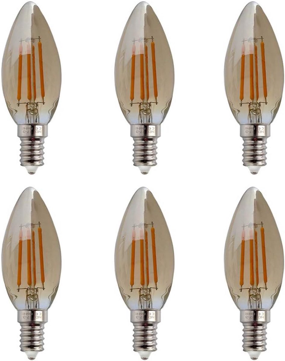E14 C35 LED Kaarslamp - 4W Warm Wit 2700K - Vintage Amber - 6 Stuks
