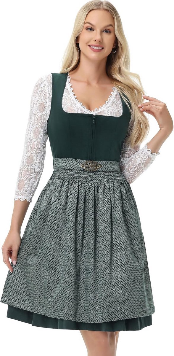 Elegante fluwelen midi-dirndl jurk voor dames - Klederdrachtjurk voor Oktoberfest met bloemenpatroon en schort - Maten 34-46