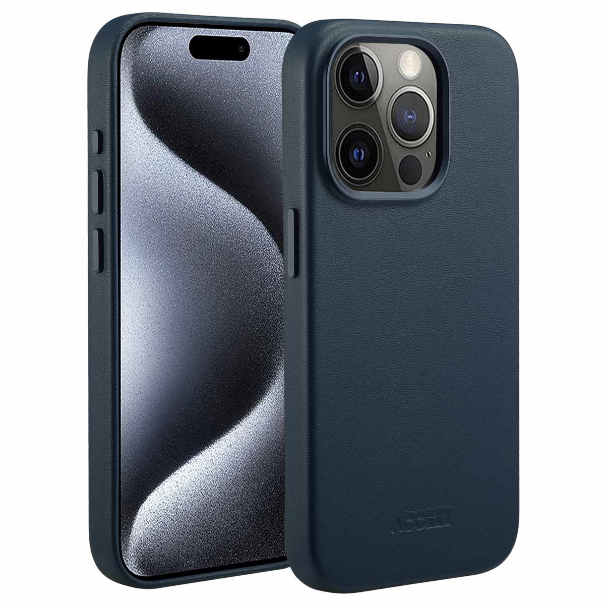 Accezz Hoesje Geschikt voor iPhone 15 Pro Hoesje - Accezz Geschikt voor MagSafe Leather Backcover - donkerblauw
