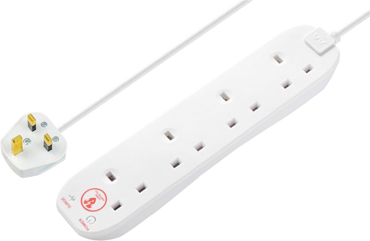Verlengsnoer met 4 Stopcontacten en Overspanningsbeveiliging - 2 Meter Kabel
