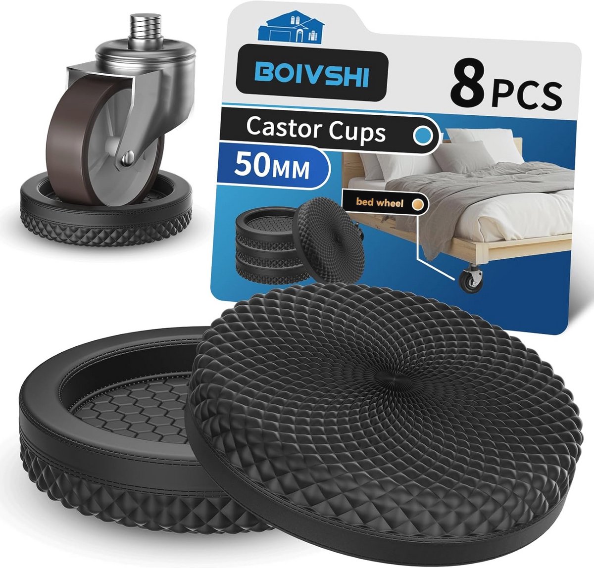 Meubelbekers 50 mm - Vloerbeschermers voor Houten Vloeren - Bedwielstoppers - 8 Stuks