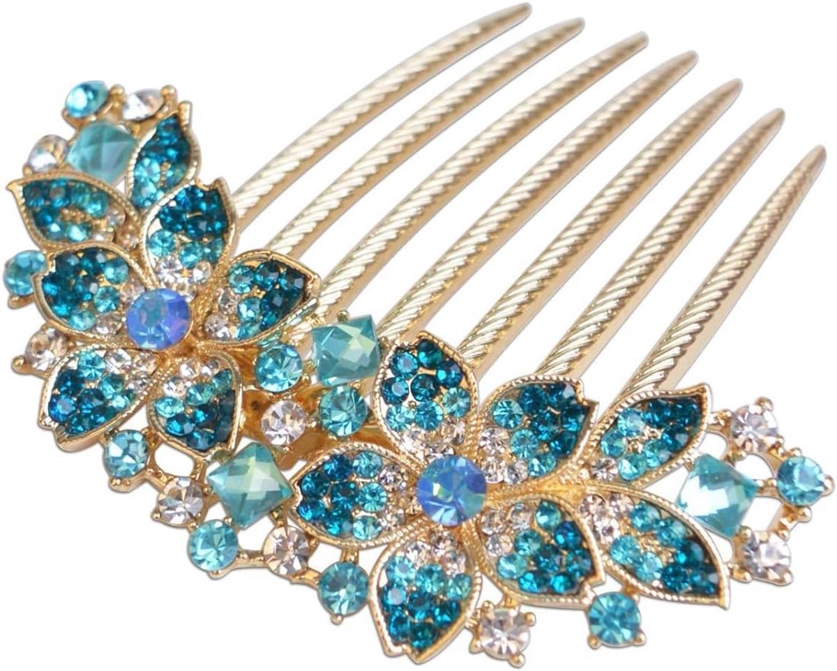 Elegante Dames Haarkam met Blauwe Bloemen en Strass Steentjes