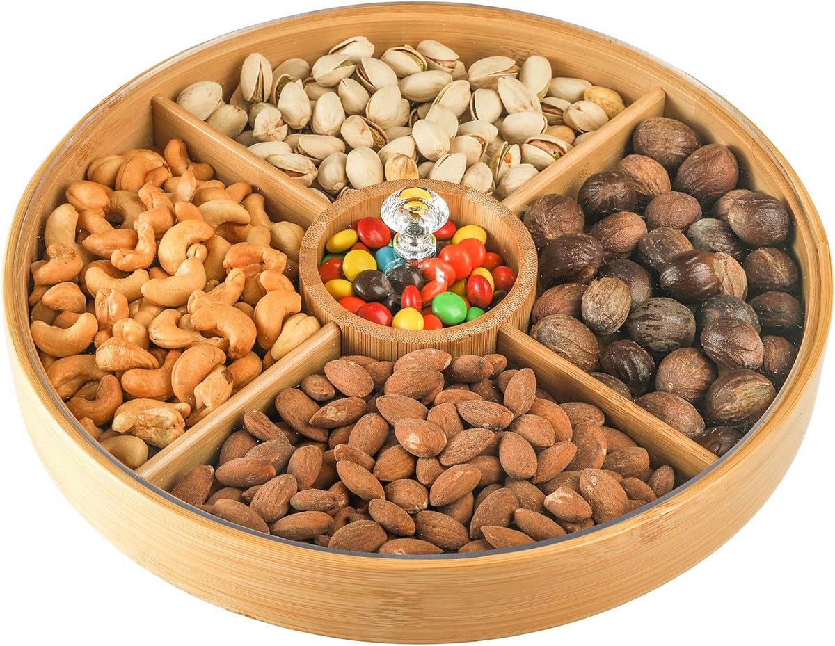 Bamboe Serveerschaal met 5 Vakken - Houten Snack Dienblad voor Borrelhapjes en Fruit