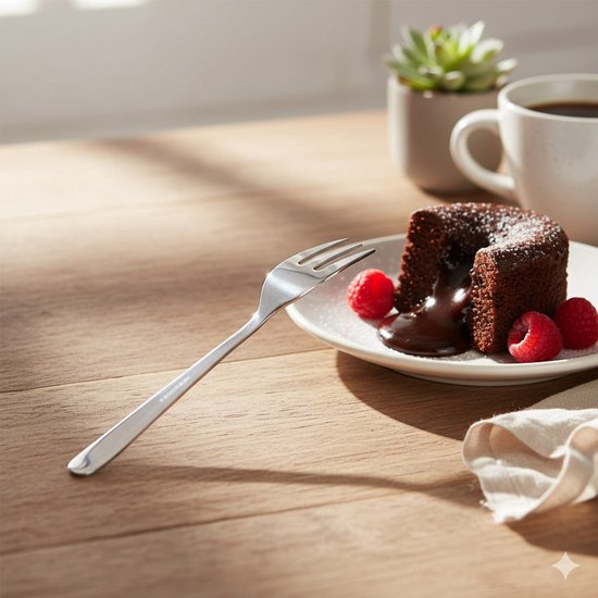 Petite fourchette à pâtisserie sur une assiette avec un gâteau au chocolat et des framboises, avec du café à côté.