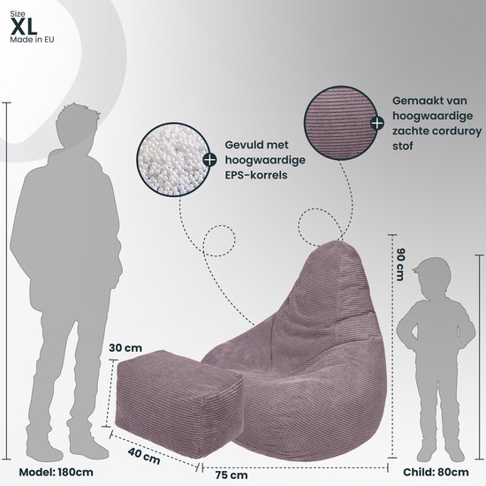 Afmetingen van XL mauve corduroy zitzak en voetenbankje, getoond naast silhouetten van een volwassene en een kind.