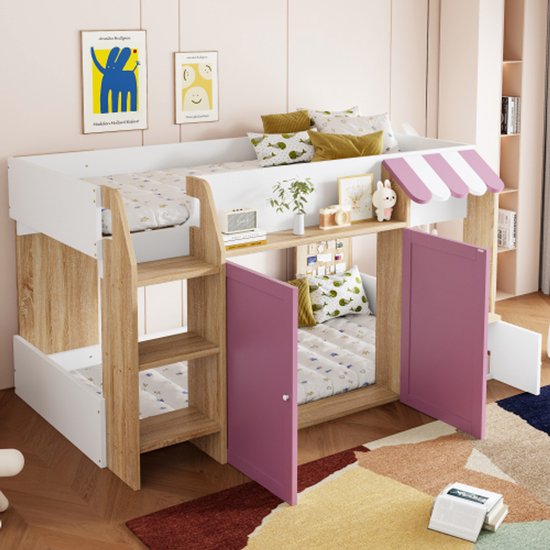 Lit enfant lit maison 90x200, avec espace de rangement ouvert, avec échelle d'escalade, lit mezzanine enfant mi-hauteur, lit superposé enfant en bois massif sans matelas, couleur bois + rose