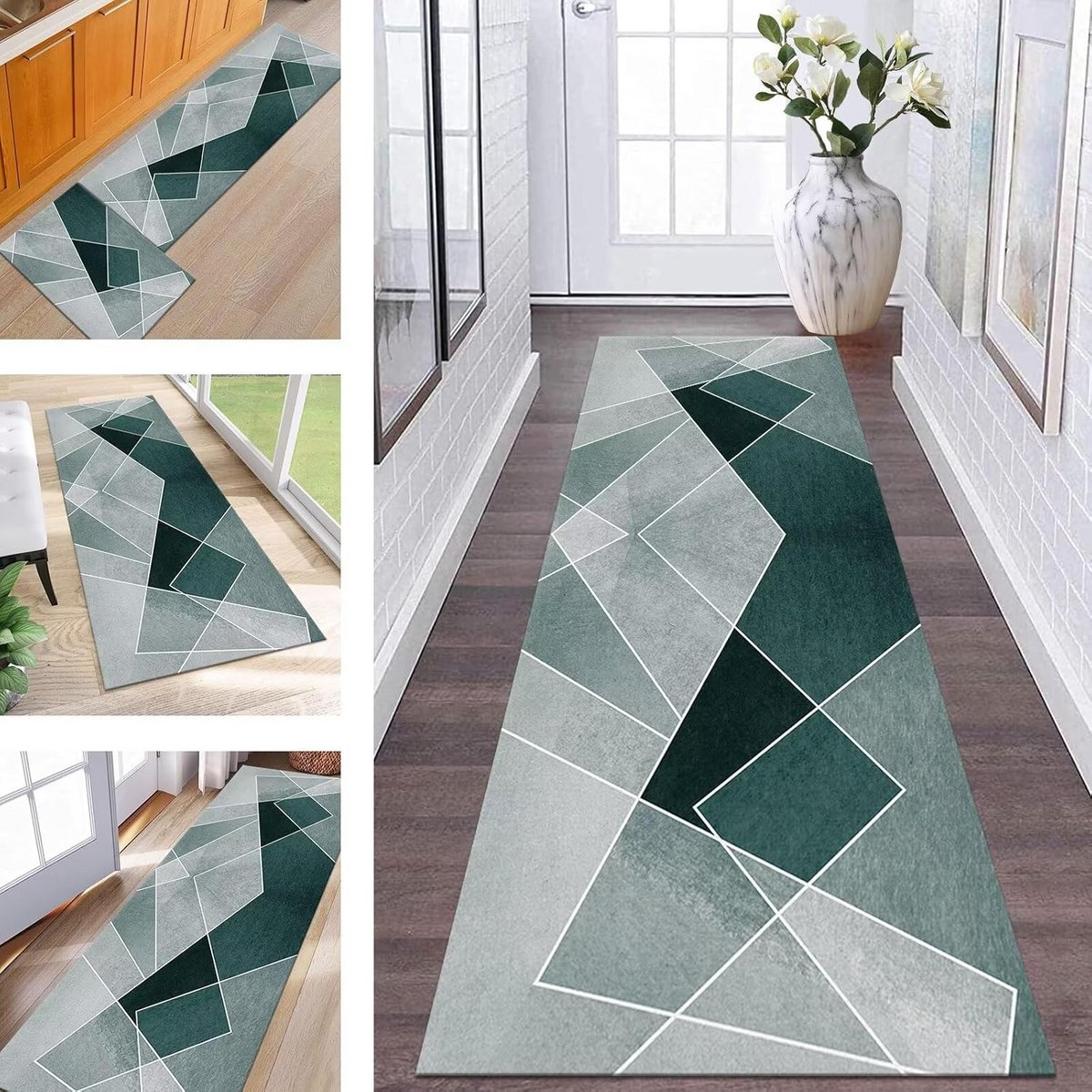 Wasbare Antislip Vloerkleed Loper Groen Wit voor Hal Gang en Keuken 50x200CM