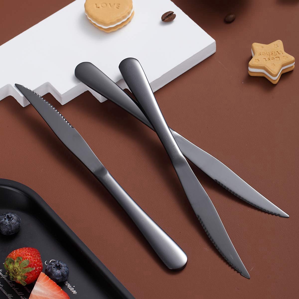 Stunq® Elegant Zwart Tafelmes Set van 8 Stuks met Roestvrije Klingen
