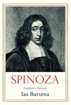 Portret van Spinoza met lange krullen, een witte kraag en donkere kleding. Titel: Spinoza, Freedom's Messiah, Ian Buruma.