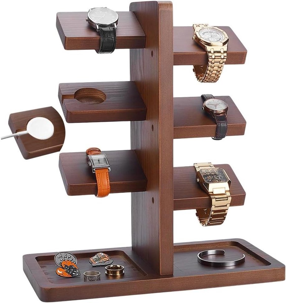 TTGoods - Houten horlogestandaard met laadstation - kokosnoot bruin - horloges presentatietoren - sieraden organizer voor ringen, munten, armbanden, kettingen - vaderdagcadeau voor mannen