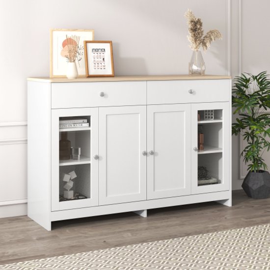Buffet moderne 120x37x80 cm – Wit et aspect bois avec 4 Portes, 2 tiroirs et panneau en Verres – Meuble de rangement pour salon ou salle à manger