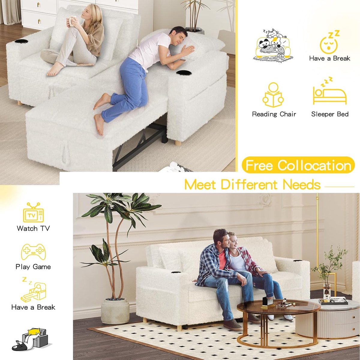 Luxe 3-in-1 Slaapbank met Verstelbare Rugleuning – Uitschuifbare Tweepersoons Sofa Bed met Kussens – Comfortabele Teddy Stof – Ideaal voor Woonkamer / Logeerkamer / Studio – Wit