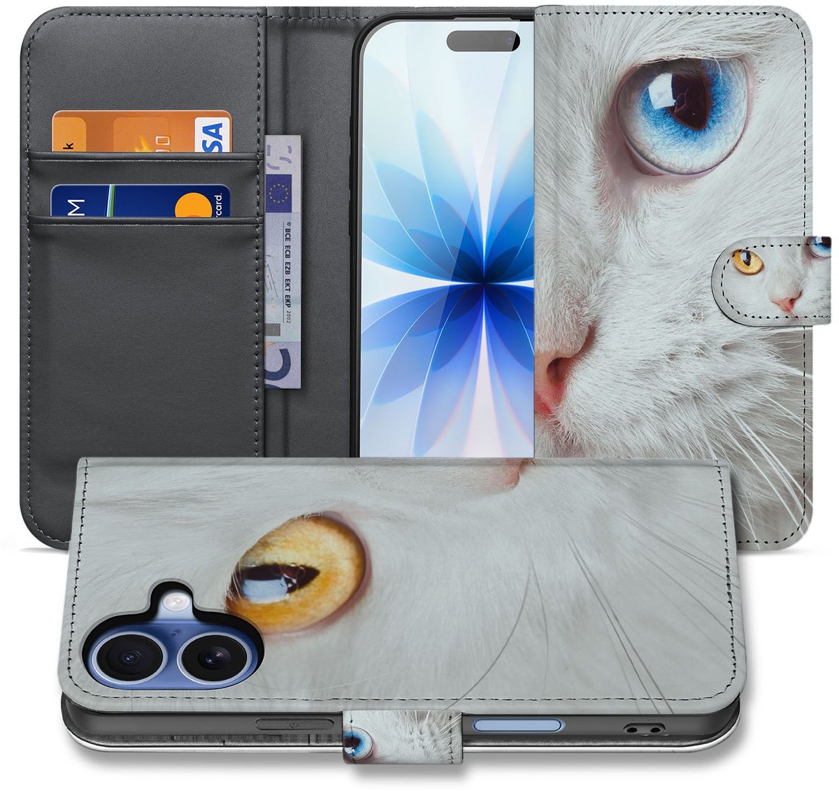 Book Case iPhone 17 Witte Kat Dierenprint Volledig Beschermd