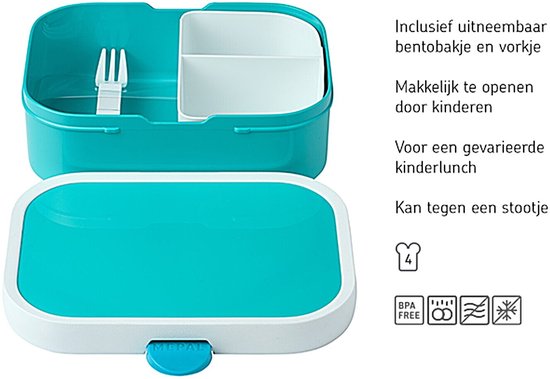 Boîte à lunch Mepal turquoise avec plateau à bento amovible et petite fourchette. Avec texte et icônes.