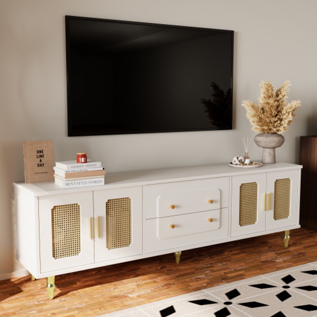 Retro TV-Meubel 175×38×55,5 cm – Wit Lowboard met Rattan Deur, Gouden Handgrepen & Metalen