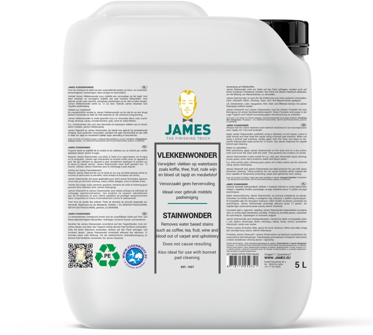 James Vlekkenwonder - 5 liter -Vlekkenverwijderaar voor Tapijt & Meubelstof – Verwijdert Rode Wijn, Koffie & Bloed