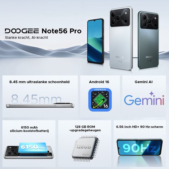 DOOGEE Note 56 Pro in wit en groen. Kenmerken: 8.45mm dik, Android 16, Gemini AI, 6150mAh batterij, 128GB ROM, 6.56 inch 90Hz scherm.