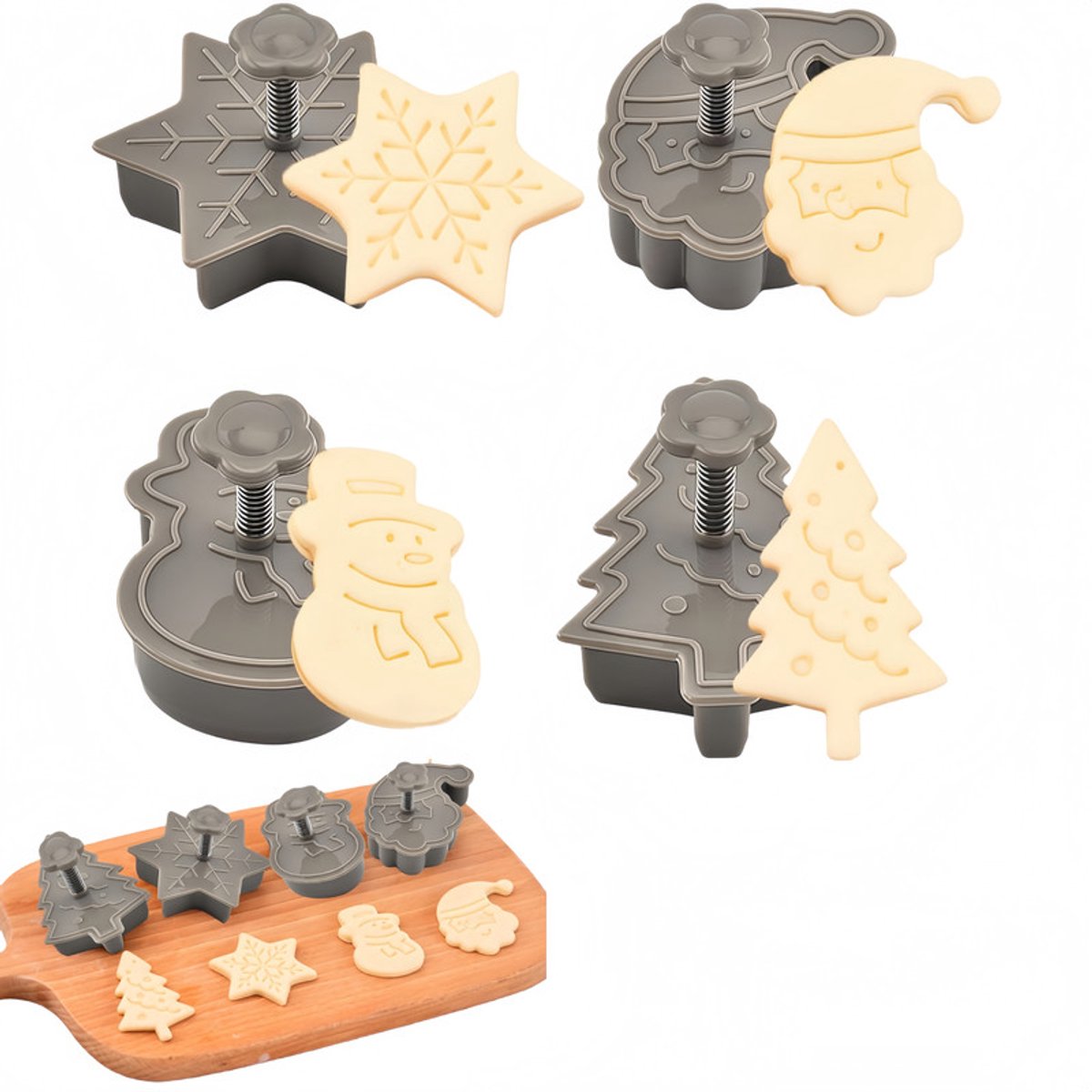 4 stuks - Kerstkoekjesvormen - Bakgereedschap voor kerstfeestjes - Deegvormen - 3D-koekjesvorm - Sneeuwpop, kerstboom, kerstmuts, sneeuwvlokvormen - Gemakkelijk uit de vorm te halen -Grijs-voor het maken van koekjesdeeg, zandkoekjesdeeg en bladerdeeg