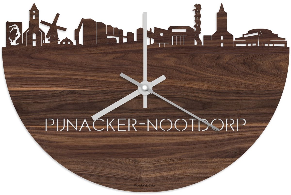 Skyline Klok Pijnacker-Nootdorp Notenhout - Ø 40 cm - Stil uurwerk - Wanddecoratie - Meer steden beschikbaar - Woonkamer idee - Woondecoratie - City Art - Steden kunst - Cadeau voor hem - Cadeau voor haar - Jubileum - Trouwerij - Housewarming -