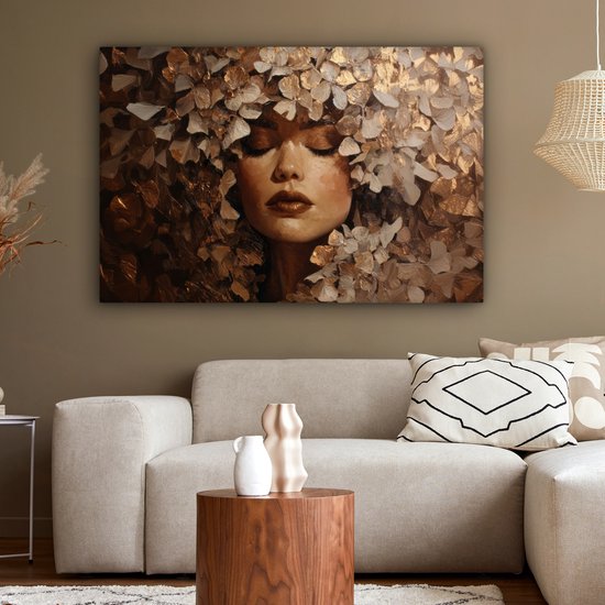 Tableau sur toile 120x80 cm - Décoration murale exclusive Visage - Femme - Feuilles - Coups de pinceau - Décoration murale salon - Décoration chambre à coucher - Accessoires de chambre - Tableaux sur toile