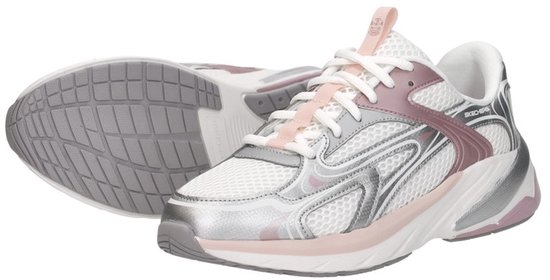 Witte Skechers S2K sneakers met roze en zilverkleurige accenten, de ene schoen ligt plat.