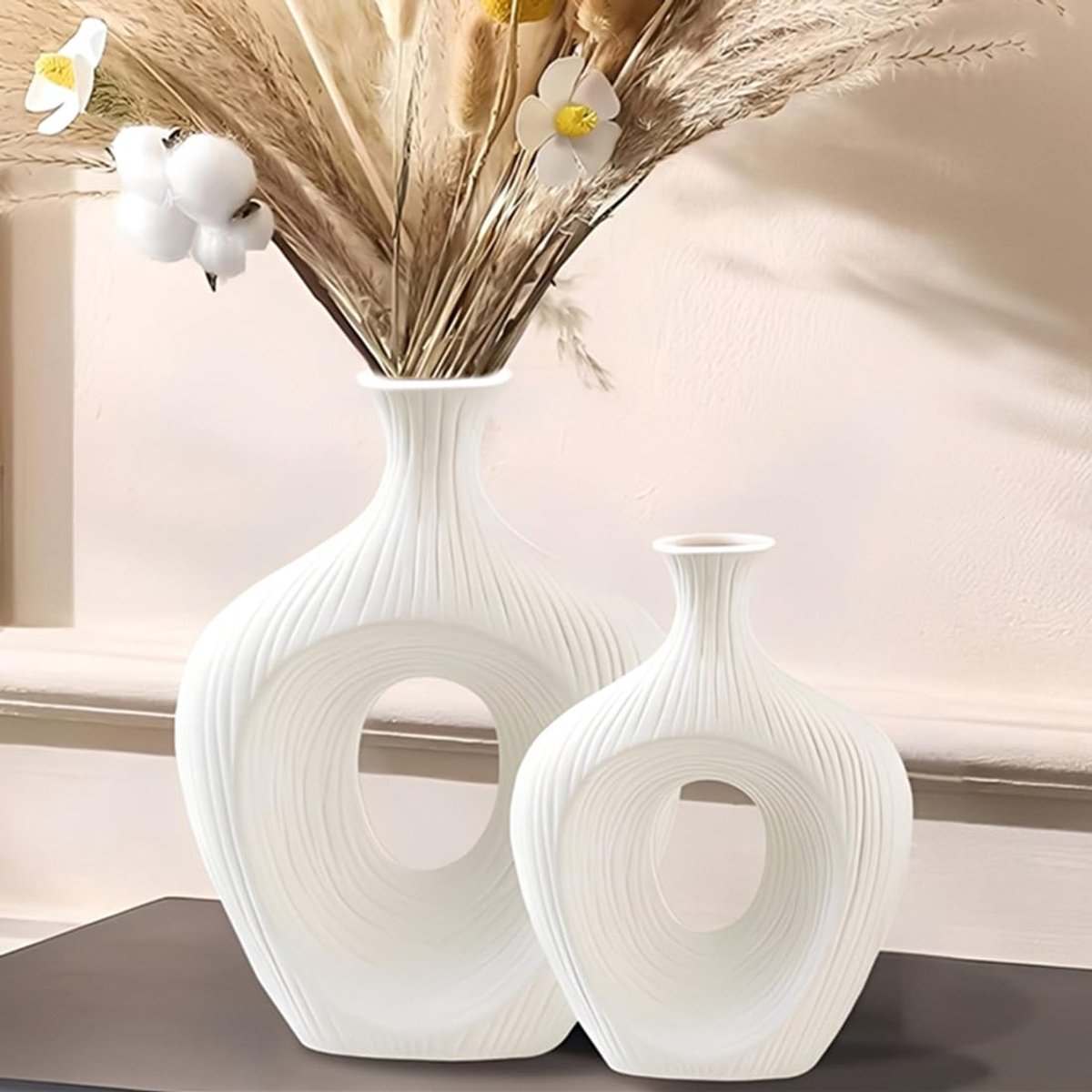 Unyqoos Set van 2 ronde matte keramische vazen voor stijlvolle interieurdecoratie wit