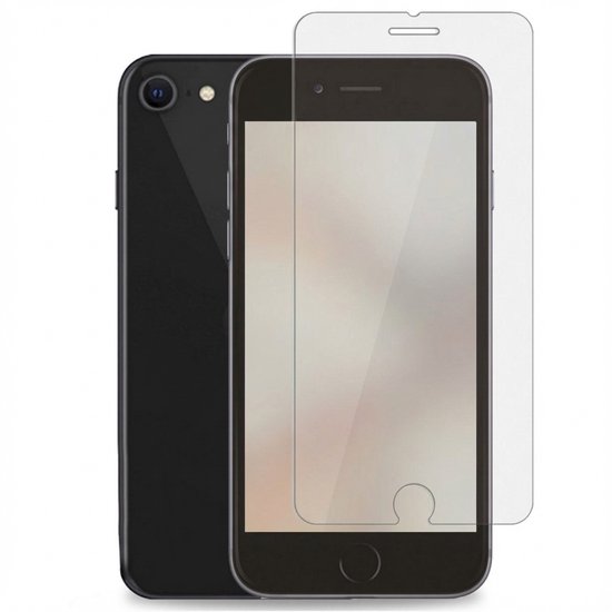 iPhone noire avec un protecteur d'écran devant, sur fond blanc.