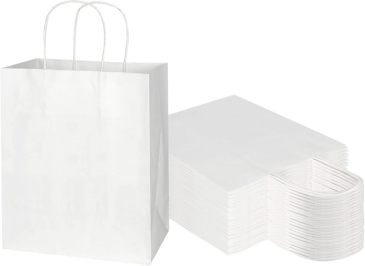 50 Middelgrote Witte Kraftpapieren Tassen met Handvatten voor Cadeaus en Winkelen