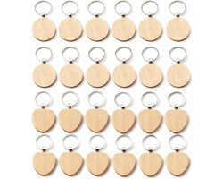 24x Houten Sleutelhangers Smiley & Hart - Blanko & Lichtgewicht voor Knutselen & Graveren