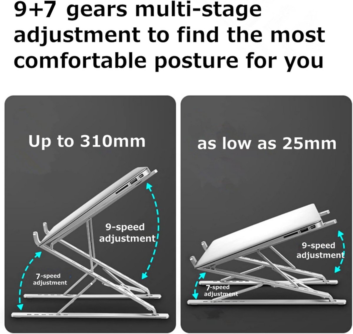 Ergonomische, Inklapbare Laptop Standaard voor Bureau - 7+9 Hoogte Instellingen Aluminium