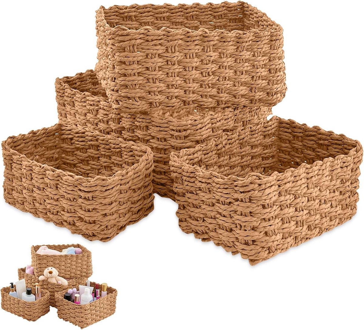 Set van 4 Geweven Opbergmanden - Kubusvormige Desktop Organizers van Papier Touw