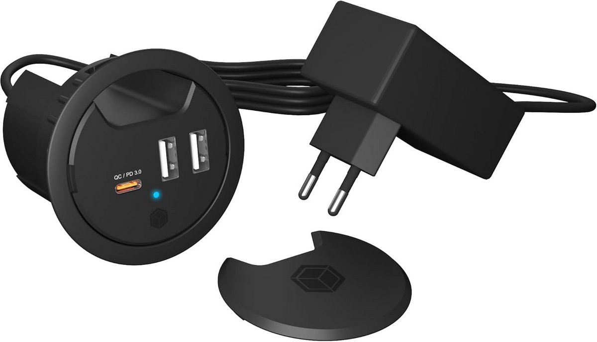 Tafellader met 3 USB-poorten: USB-C PD 27W en 2x USB-A 10W voor 60mm bureau-inbouw