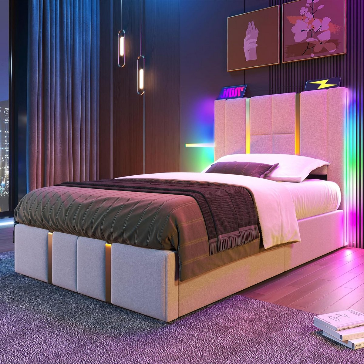 Opbergbed met USB en LED Licht, 90x200 cm, Beige