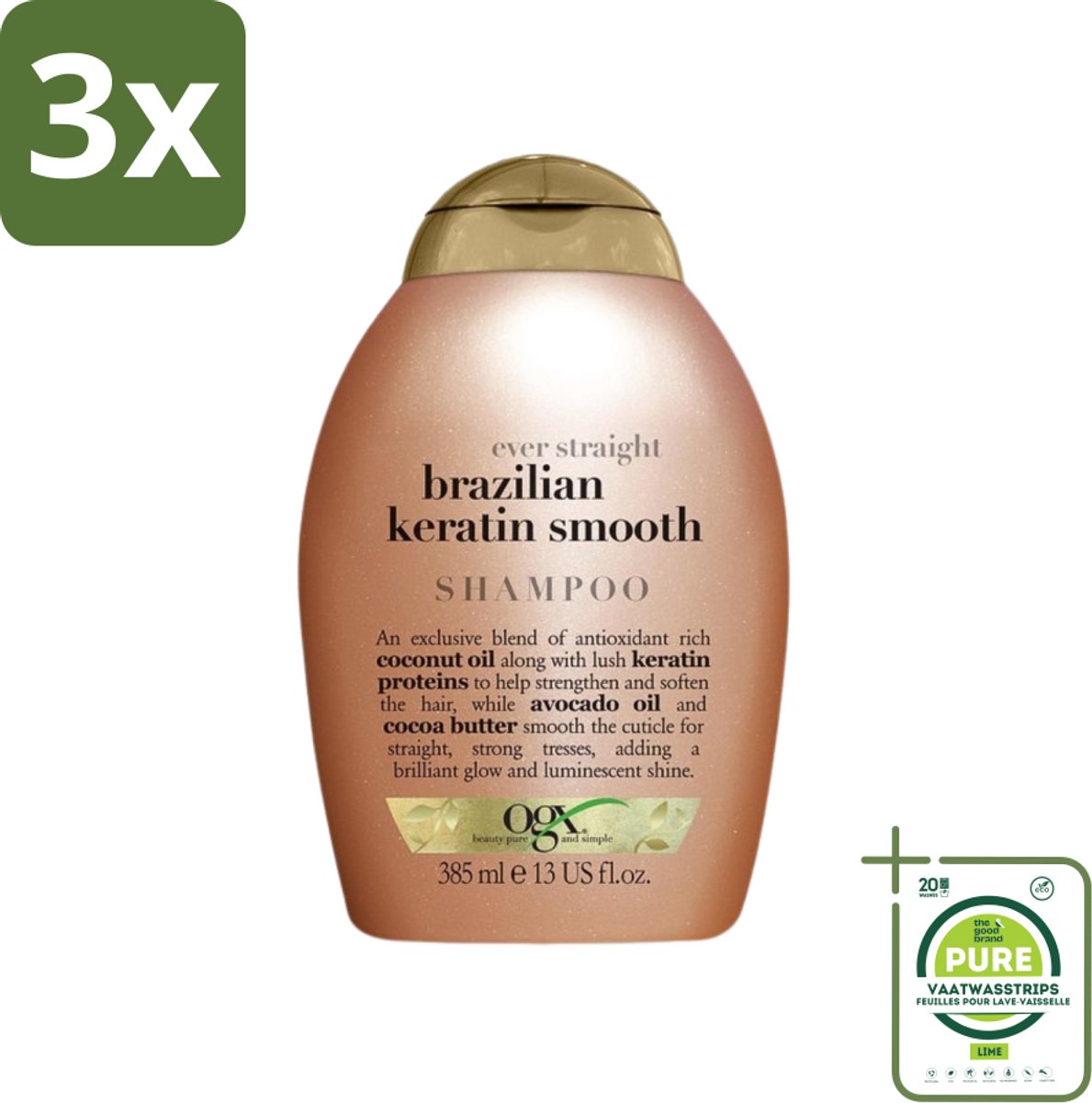 3 x OGX - Brazilian Keratin Therapy - Shampoo - Versterkend - Gladmakend - 385 ml - Grootverpakking - Keratine Shampoo - Glad Haar - Pluisvrij Haar - Haarverzorging - OGX Shampoo