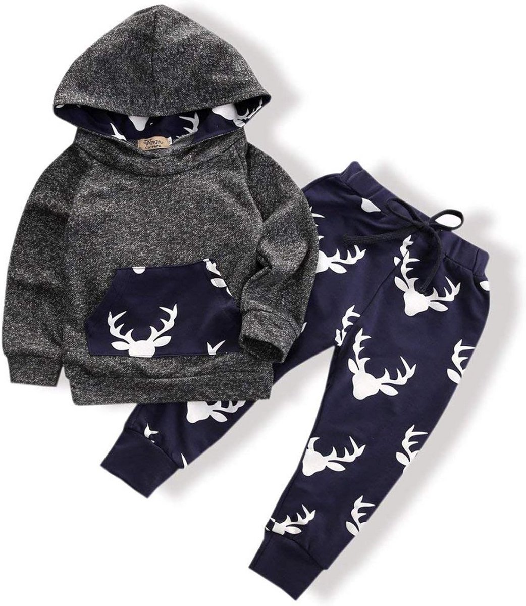 Schattige Jongens Set: Lange Mouw Hoodie en Broek met Hertenprint voor Baby en Peuter